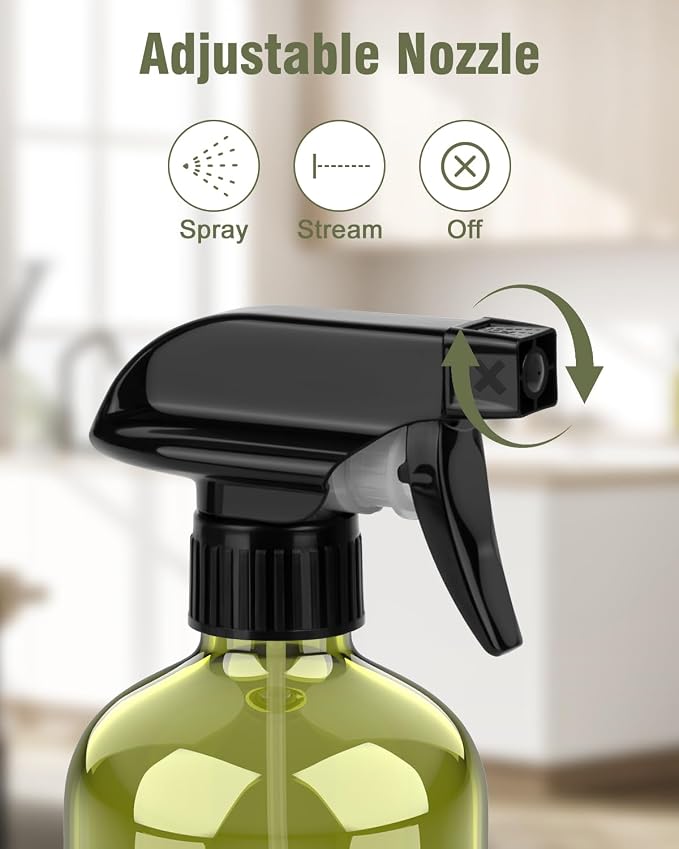 Bontip Glass Spray Bottle 16 oz for Cleaning, Plants (2 Pack, Olive Green | Refillable green spray bottle Set, BPA-free eco glass, With labels and funnel, Great for cleaners, plant misting, hair care