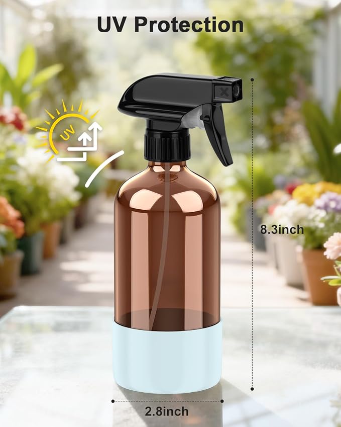 Bontip Amber Glass Spray Bottle, 16 oz with Blue Silicone Sleeve, 1 Pack | Refillable amber glass bottle, With protective silicone sleeve, BPA-free, UV shielding, Great for cleaning solutions,plants