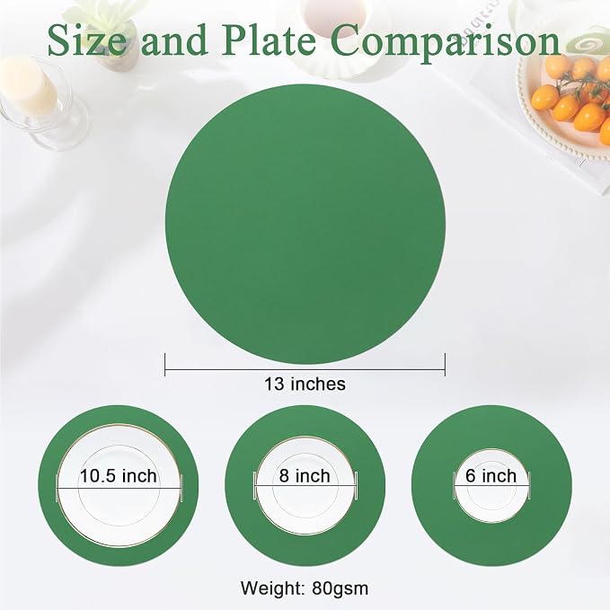 SHACOS 100 pcs Round Paper Placemats Disposable 13 inch Colored Paper Place Mats for Wedding Birthday Party Bridal Baby Shower Events Table Decoration, Dark Green