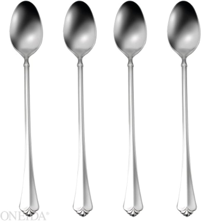 Oneida Juilliard Iced Tea Spoons Silverware Set for 4, Flatware | mirror finish | tall drink spoons | dishwasher safe, cutlery set, utensil set, rust resistant, kitchen gifts for women