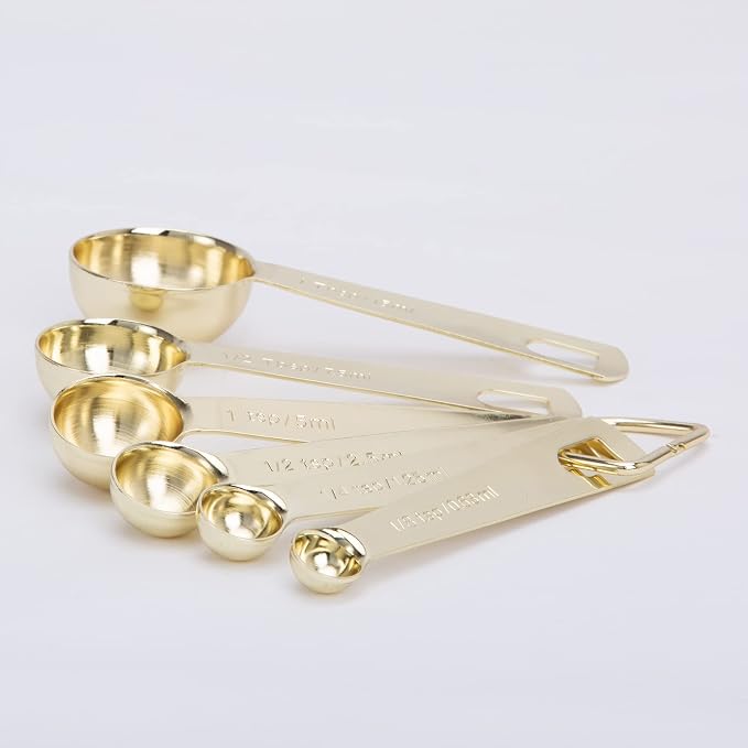 Gold Measuring Spoons, 6 Piece Set, 18/8 Stainless Steel | Heavy Duty, 1/8 tsp, 1/4 tsp, 1/2 tsp, 1 tsp, 1/2 tbsp & 1 tbsp, Measuring Liquid and Dry Ingredients, For Cooking Baking