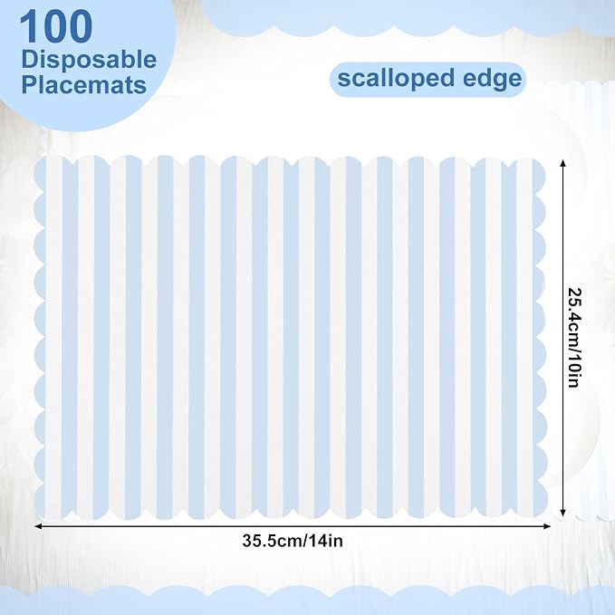 100 Pcs Blue Striped Paper Placemats Summer Coastal Scalloped Dusty Blue and White Placemats Disposable Square Striped Place Mats for Wedding Bridal Shower Beach Party Home Table Kitchen Decor