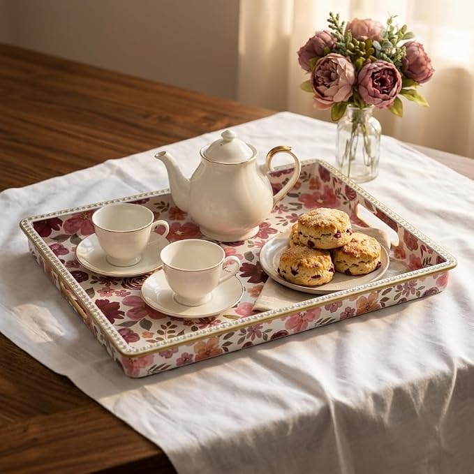 Rectangular Plastic Serving Tray with Handles, Burgundy Watercolor Floral Print with Gold Rim, Vintage Tray for Breakfast, Coffee, Tea, Home Decoration and Party, 15.7" x 11.8" x 1.57"