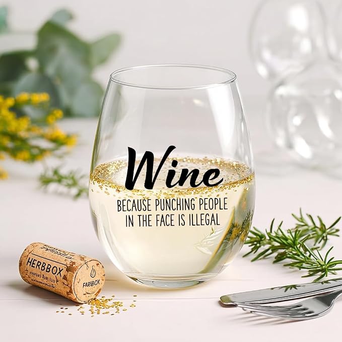 Wine Because Punching People in the Face is Illegal - Funny 15oz Stemless Wine Glass - Novelty Gifts for Women, Men, Mom, Sister, Friend, Coworker, Boss, Aunt - Unique Birthday, Christmas