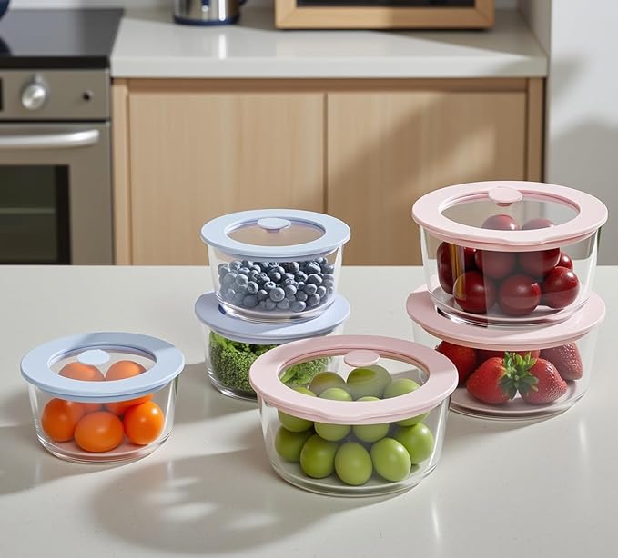 Glass Food Container Set with Glass Lid, 6 Pack, Meal Prep Containers with Silicone Framed Airtight Lid, Leakproof, 100% Plastic Free,