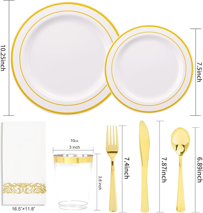 350 Pieces White and Gold Plastic Plates - 50 Guest Dinnerware Set Include 100 Plates, 50 Gold Plastic Silverware, 50 Paper Napkins and 50 Cups for Wedding/Baby Shower/Birthday/Party