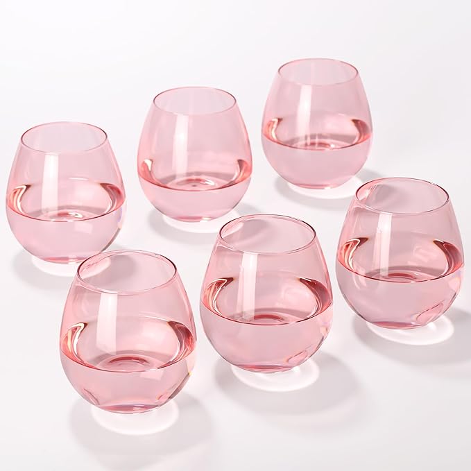 Pink Wine Glasses Set of 6-15oz -Colored Stemless Hand-Blown Wine Glasses, European Design Crystal Glass For Red & White Wine, Unique Gifts for Wedding, Birthday