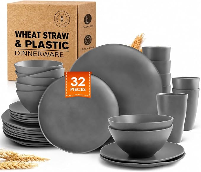 Teivio 96-Piece Plates and Bowls Sets for 8, with Flatware Dinnerware Sets | Unbreakable Plastic Wheat Straw Dinner Plate set, Cereal/Pasta Bowls, Cups, Dishwasher, Kitchen Outdoor RV Dish Set, Black