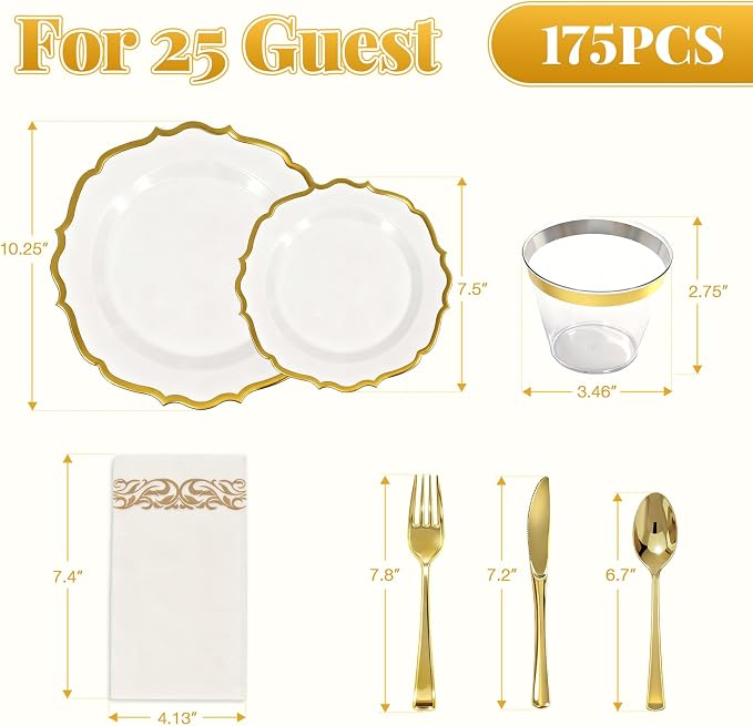 Glowserve 175 Piece Disposable Plastic Plates Dinnerware Set for 25 Guests | 50 Plastic Plates,25 Silverware Set,25 Cups and Napkins,Wedding Birthday,Family Party,Fancy Plastic Plates