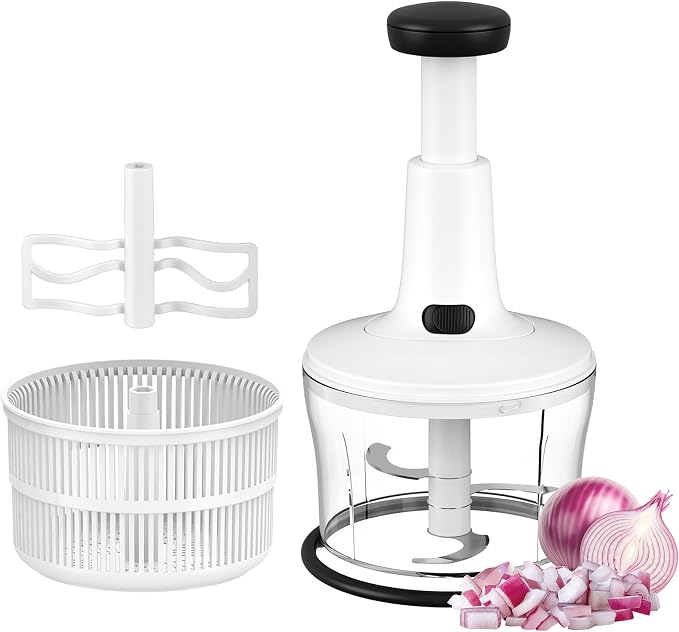 Manual Hand Push Food Chopper, Vegetable Dicer Mincer with Container, Egg Whisk & Salad Spinner for Salsa, Salad, Pesto, Hummus