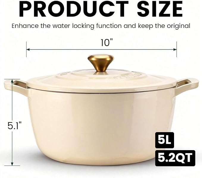 Enameled Cast Iron Dutch Oven 5.2 Qt with Lid, Cream | For Sourdough Bread, Stews & Roasts, Oven Safe to 500F, Works on Gas, Electric & Induction Stovetops.