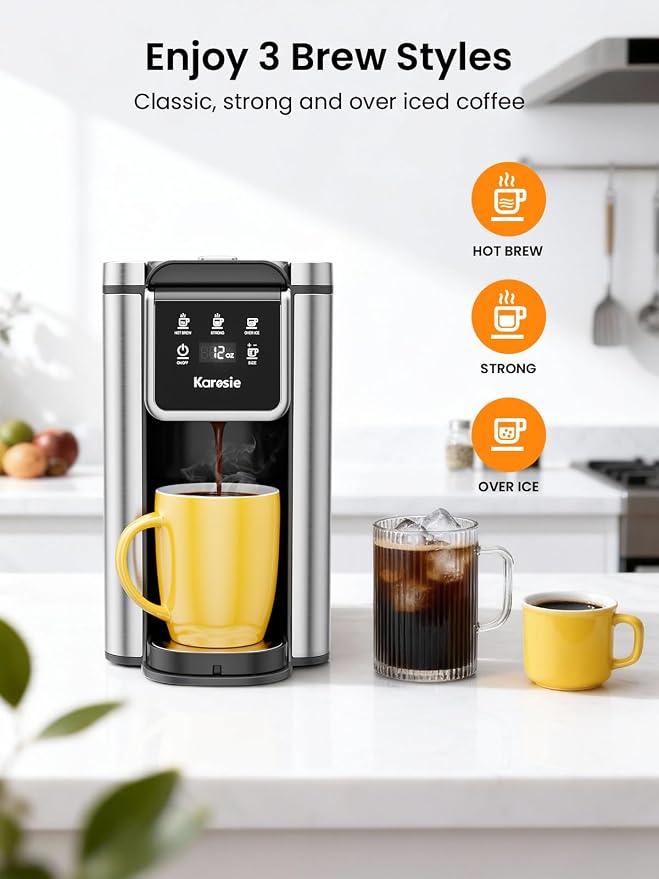 Hot & Iced Single Serve Coffee Maker for Pods & Ground, 50 Oz Removable Water Tank, 6-14 Oz Brew Sizes, One Cup Coffee Maker with Reusable Filter, Strong Brew, Stainless Steel, Black