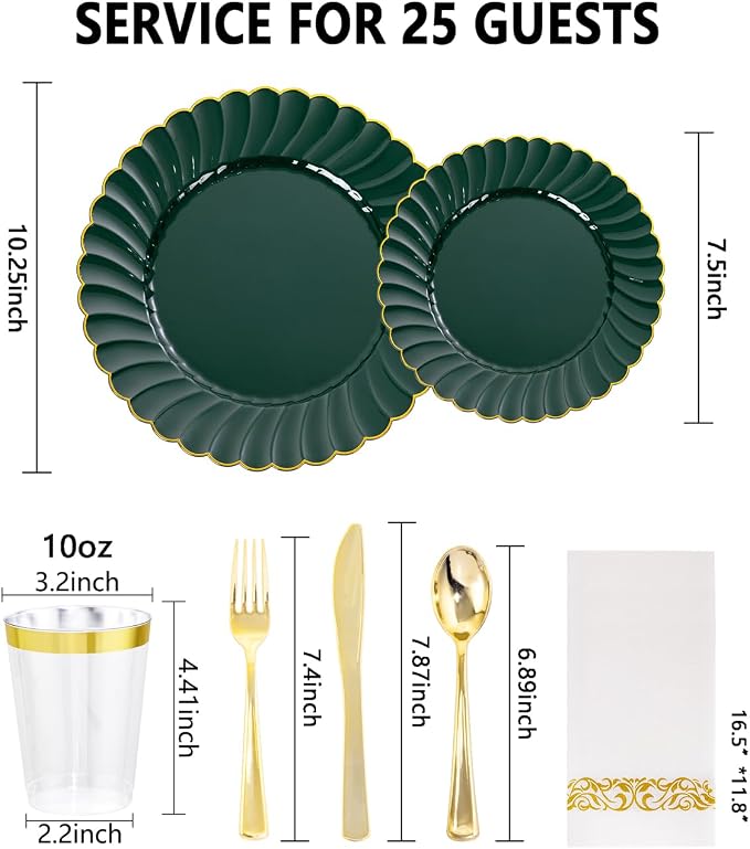 YOUBET 175PCS Green Scalloped Plastic Plates for Party Wedding | Green and Gold Disposable Dinnerware Set Include 50 Plates, 75 Gold Silverware, 25 Cups, 25 Napkins
