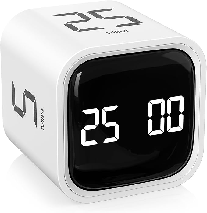Rotating Pomodoro Timer 5/25/10/50, Desk Productivity Timer for ADHD, White | Countdown/Stopwatch Cube Timer, Vibration/High/Low Volume/Custom Modes, for Work Study, Back to School, Kitchen
