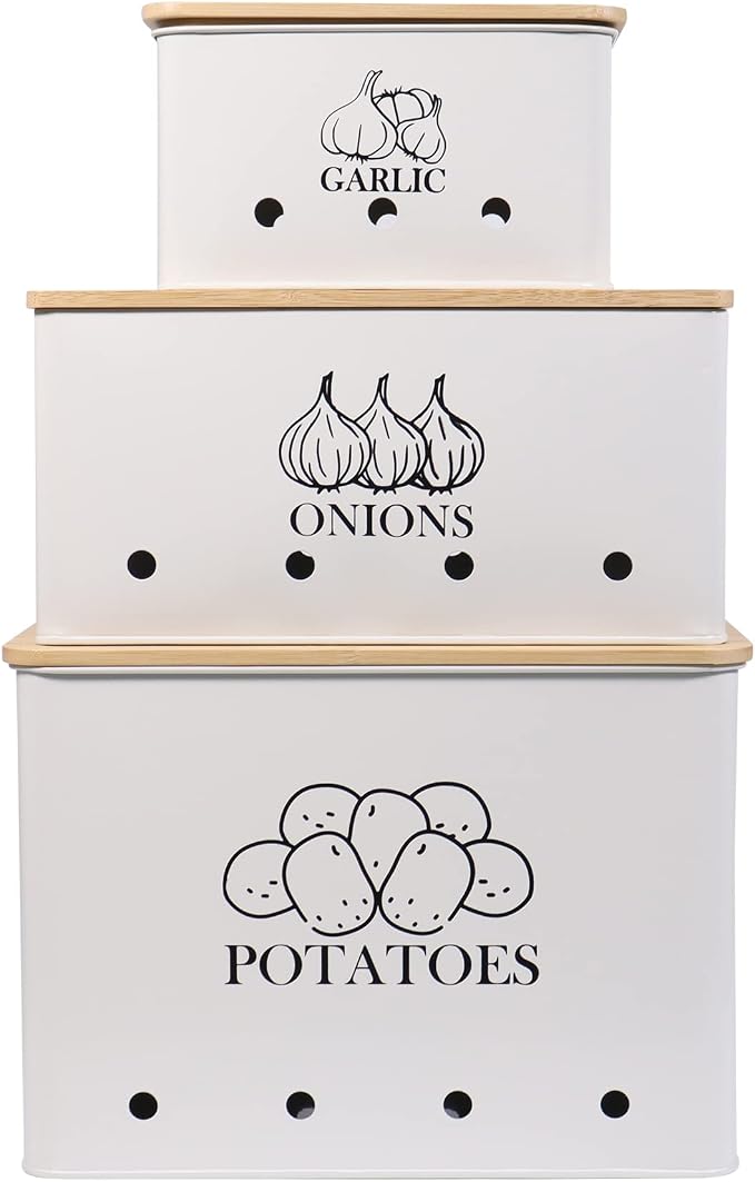 Kitchen Vegetable Storage Tins Set of 3 for Potato Onion & Garlic with Wooden Lid and Aerating Holes, Kitchen Storage Canisters Set, Vintage Kitchen Decor - White