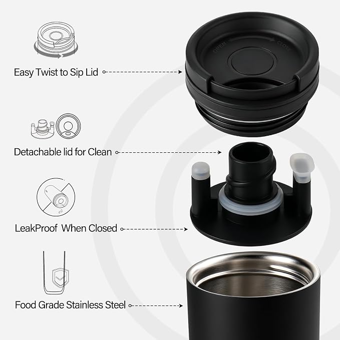16 oz Travel Coffee Mug with Twist-Open Lid, Leak Proof Coffee Travel Mug, Insulated Tumbler Stainless Steel Coffee Cup For Hot And Iced Cold, Spill Proof Fits Cup Holder (Black)