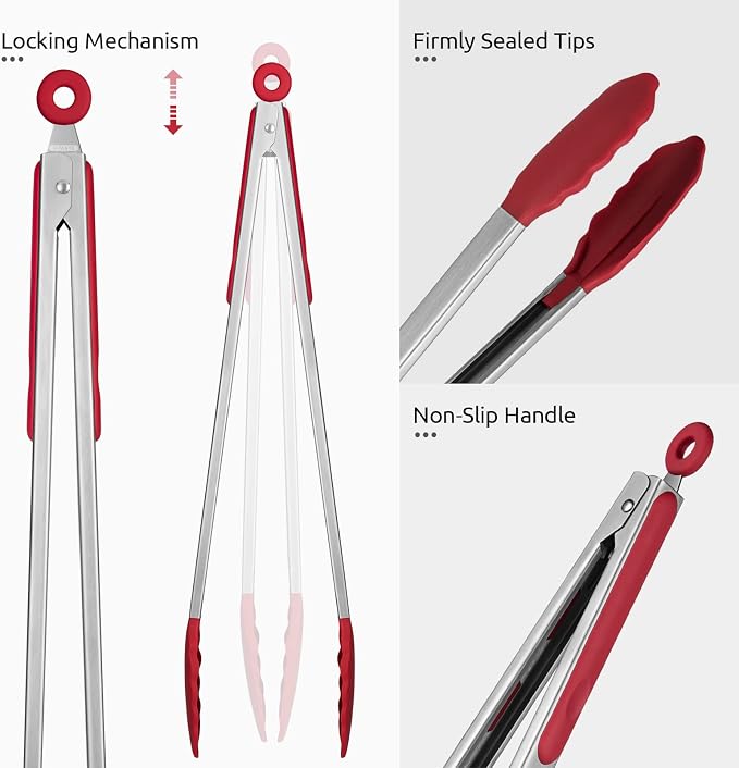 U-Taste Kitchen Tong for Cooking, 600ºF Heat-Resistant Silicone, 16in/Red | Extra Long BBQ Tongs, Large Tong for Grilling/Grabbing, Big Thong with Nonstick Silicone Tps & 18/8 Stainless Steel Handle