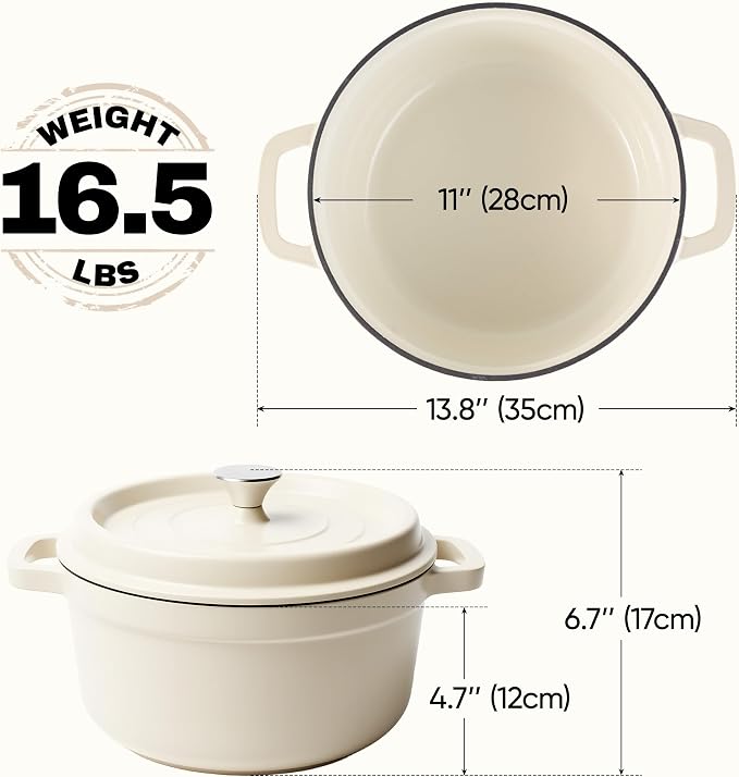 6.5 Quart Dutch Oven Pot with Lid, Non Stick Enameled Cast Iron Dutch Oven for Bread Baking, Heavy-Duty, Oven Safe Ceramic Cookware Up to 500°F for Baking, Braising, Stews, Roasting, Beige