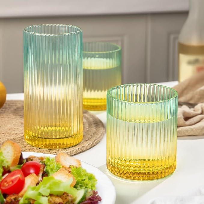 Ribbed Drinking Glasses 8pcs, 12oz and 10oz Glassware, Tumbler Glasses Cup Set for Wedding, Party, Christmas Gift, Golden Green