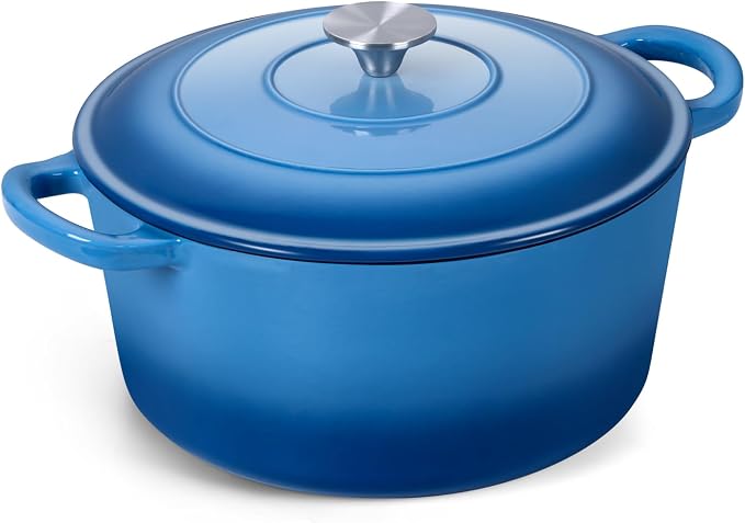 Onader Enameled Cast Iron Dutch Oven Pot with Lid, 5 Quart Round Dutch Oven for Bread Baking, Heavy Duty & Non Toxic - Blue