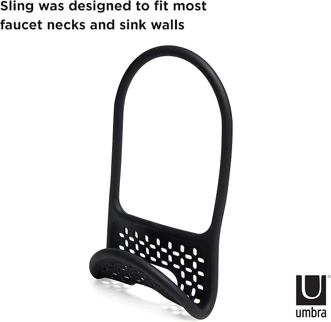 Umbra Sling Flexible Sink Caddy, Elastic Non-Slip Sponge Holder, Black | Rubber material, perforated base for drainage, prevents moisture buildup, fits faucet necks, easy rinse clean