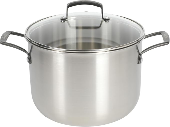 Babish 8 Quart Tri-Ply Stainless Steel Stock Pot with Glass Lid & Black Handles – Dutch Oven, Oven Safe, Dishwasher Safe
