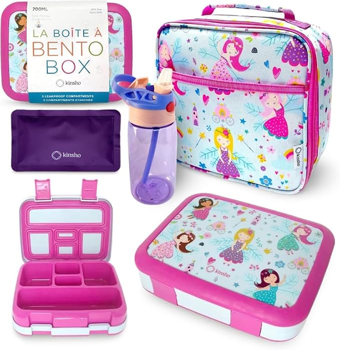 kinsho Bento Lunch Box, Bottle, Ice Pack & Bag, Pink Purple Fairy Princess | 5 Leakproof Portion Compartments, BPA-Free Removable Tray, Meal or Snack Container for Kids, Toddlers, Pre-School & Daycare