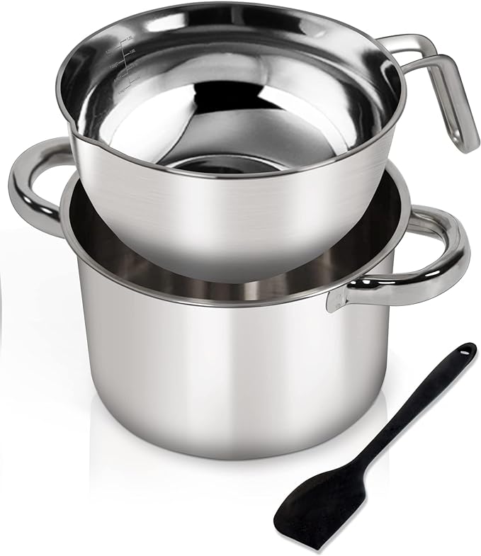 1.1QT Double Boiler Chocolate Melting Pot with 2QT 304 Stainless Steel Pot | 304 food-grade steel, rust-proof. Melt chocolate, butter, candy, wax, soap. Stovetop safe, Dishwasher safe