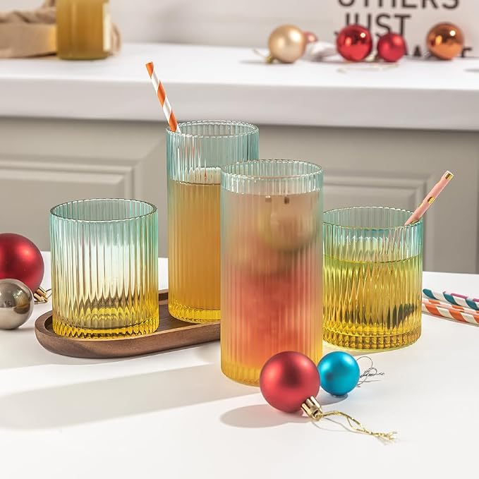 Ribbed Drinking Glasses 8pcs, 12oz and 10oz Glassware, Tumbler Glasses Cup Set for Wedding, Party, Christmas Gift, Golden Green