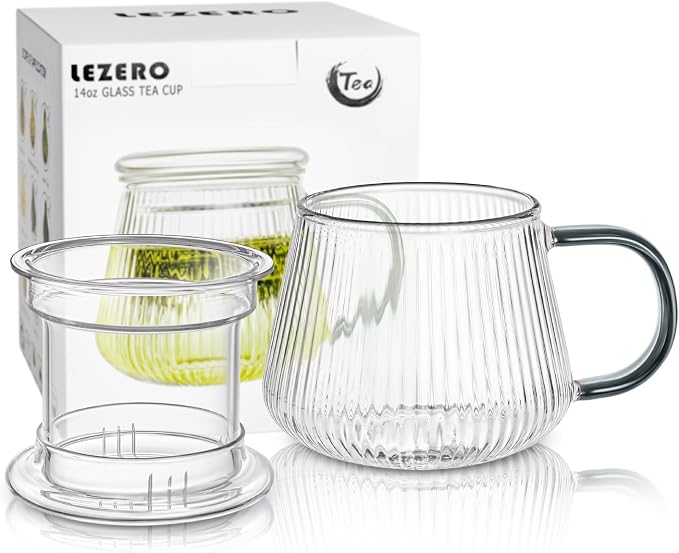 Glass Tea Infuser Cup with Lids and Handle for Blooming & Loose Leaf, 14oz | Borosilicate, Heat Resistance, Lead-free, Microwave & Dishwasher Safe