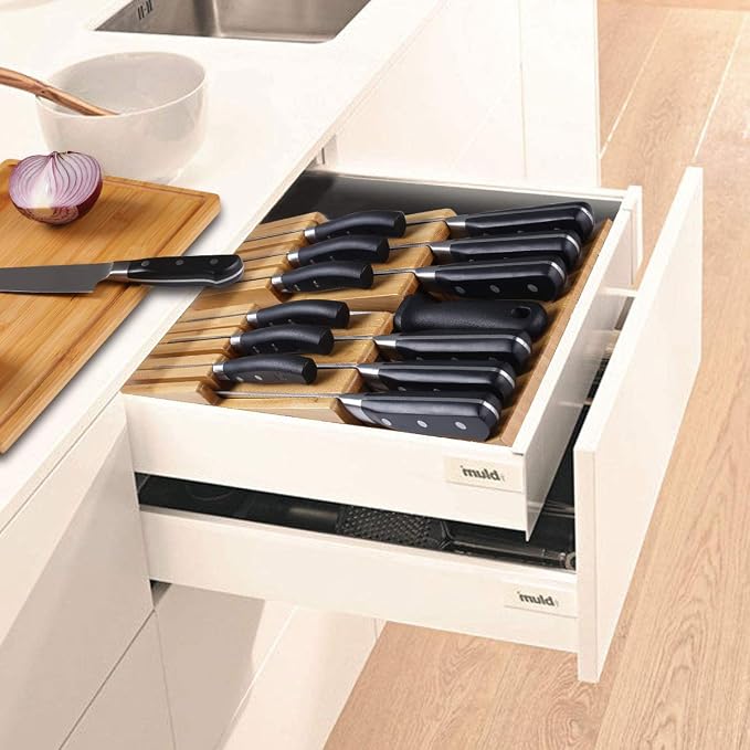 NIUXX Bamboo In-Drawer Knife Block Set for 12 Knives(Not Included) | Large Kitchen Detachable Washable Cutlery Slot Organizer Storage Holder for Sharpening Steel and Cutter