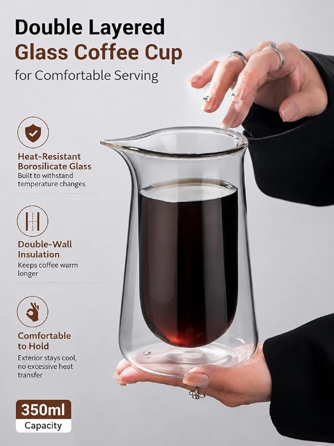 Pour Over Coffee Maker Set, with Adjustable Coffee Stand, Double Layered Glass Coffee Pot, Spiral Shaped Coffee Filter