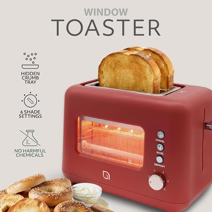 WILLOW Eco Series 2 Slice Toaster with Clear-View Window, 6 Shade Settings, 900W Retro Toaster with Extra Wide Slots, Bagel, Cancel, & Defrost Buttons, Toasters 2 Slice w Crumb Tray for Easy Cleanups