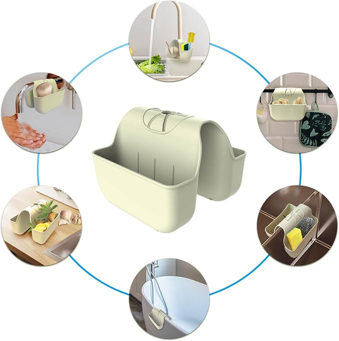 Sponge Holder for Kitchen Sink, Silicone Sink Saddle Caddy Organizer Rack, Sponges Holder Over Faucet, Hanging Kitchen Organizer Accessories Rack Basket Beige