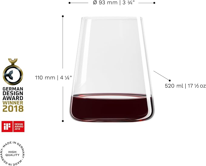 Stölzle Lausitz Stemless Red Wine Glass Power Set of 2, 17.5 oz – Modern Stemless Wine Glasses for Maximum Aroma – Flat Red Wine Glasses in Crystal Glass–Dishwasher & Break-Resistant, Made in Germany