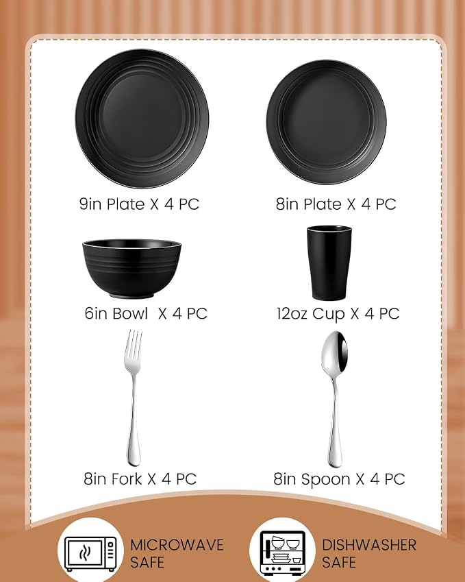 24 Piece Plates and Bowls Sets for 4- Unbreakable Wheat Straw Dinnerware Sets Includes Stainless Steel Forks for Picnic Camping Outdoor Kitchen and Apartment Dinning RV Essentials-Black