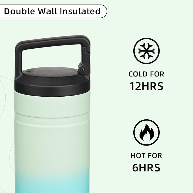 BJPKPK 20 oz Insulated Travel Water Bottle, Coffee Tumbler Stainless Steel | Double Wall Vacuum, Leakproof, Thermal, Keeps Hot/Cold, BPA Free, Dishwasher Safe, Spill Proof, Wide Mouth, 2 Lids, Mint