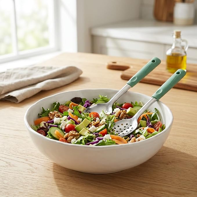Serving Spoon Set with Silicone Handles,2-Piece spoon | Stainless Steel Serving Spoon, Slotted Spoon & Soup Ladle Set for Buffet and Home Kitchen