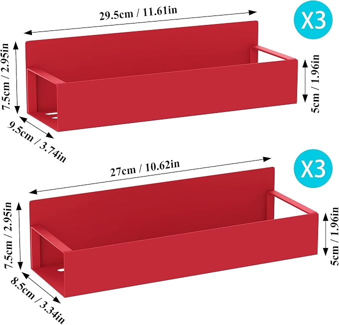 Metal Magnetic Spice Rack for Refrigerator Red, 6 Pack | Magnetic Shelves Heavy Duty for Fridge in Kitchen, Seasoning Storage Organizer, For Oven Washer and Dryer, For Heavier Items