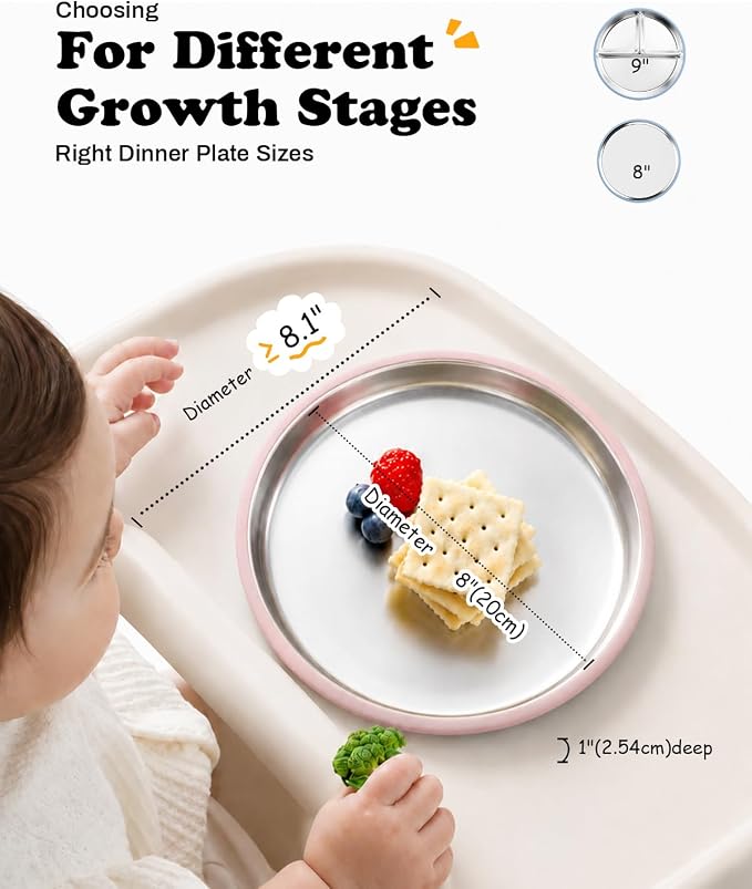 Bakpoco Stainless Steel Suction Plates for Baby, Kids Snack Dishes | 8" Stainless Steel Toddler Plates Open Kids Plate with Silicone Suction Non Toxic Dishwasher Safe Dinnerware Set of 3