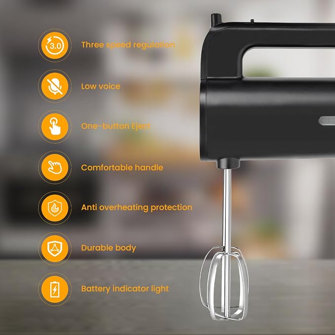 Cordless Hand Mixer, 3 Speed Rechargeable Hand Mixers Electric, Type-C Charging Cable Dual-head Whisk for Whipping Mixing Egg, Cake Dough, Mashed Potatoes and More