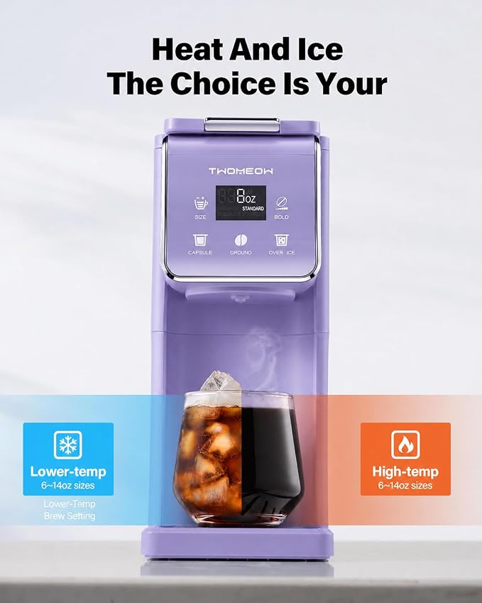 K Cup Coffee Maker, Single Serve Hot & Iced for K-Cup & Grounds | 52oz Removable Reservoir, Single Cup Coffee Maker with Bold Setting, 6-14oz Brew Sizes, Reusable Filter, Compact, Purple