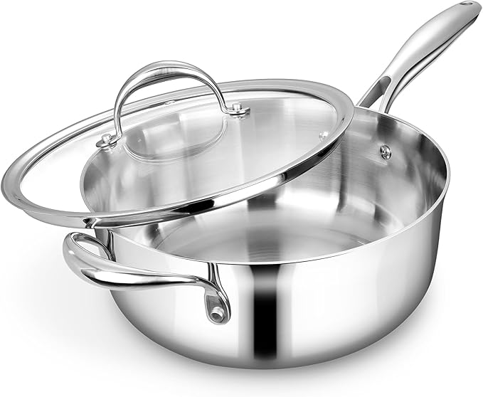 KEAWELL K3 Premium Tri-Ply Fully Clad Sauté Pan with Lid (4-Qt) | 4-Qt Tri-Ply Fully Clad Stainless Steel Sauté Pan; Compatible with All Stovetops; Oven Safe to 600°F