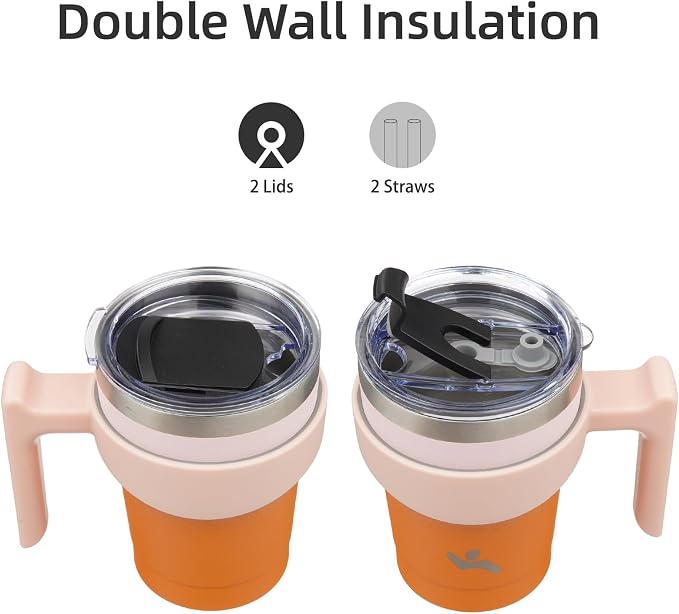 Konokyo 10 oz Tumbler with Handle and Straw, Insulated Travel Mug | Coral; BPA-free, leak-proof tumbler with 2 lids, 2 straws, cup holder fit for coffee, office, travel & daily use