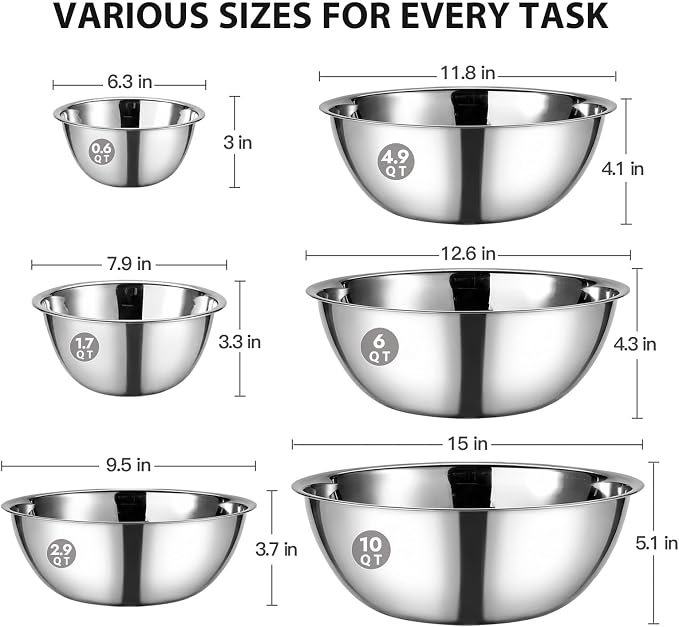 6 Piece Stainless Steel Mixing Bowls Set (0.6–10 QT) | Heavy-Duty Nesting Metal Bowls, 0.6, 1.7, 2.9, 4.9, 6, 10 QT, Flat Base, For Baking, Cooking, Salad Tossing & Meal Prep