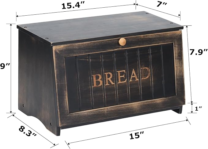 HOMEKOKO Vintage Wood Bread Box for Kitchen Counter,Retro Storage Bin,Black | Retro Farmhouse Style, Holds 2 Loaves, Breathable Design Keeps Bread Fresh For 3–4 Days, Suitable For Rustic/Vintage Kitchen