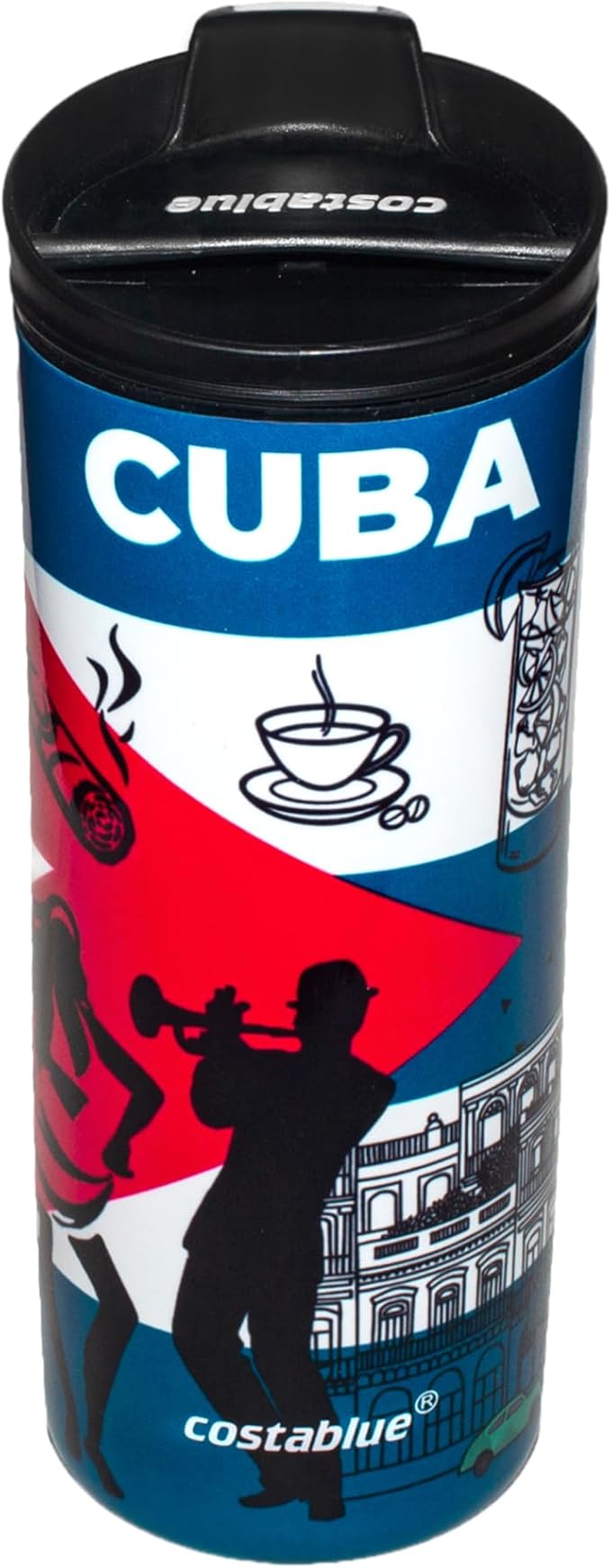 Cuba Vacuum Insulated Stainless Steel Thermal Travel Mug, 16 oz, Easy Clean, Flip leak Proof Lid Cuba Flag with Icons from Cuba…