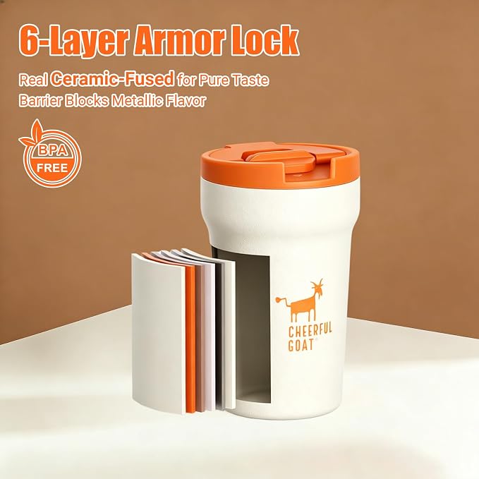 CHEERFUL GOAT Ceramic Lined Coffee Travel Mug – Stainless Steel Travel Coffee Tumbler with Ceramic Liner, with lid, 12oz Coffee Cup for Hot and Cold Water Coffee at Home, Office, or On the Go (white)