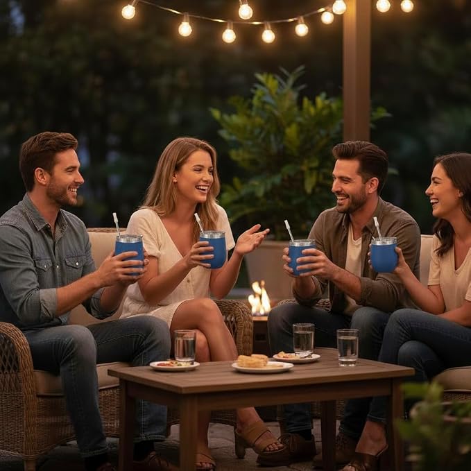 CHILLOUT LIFE 12 oz Stainless Steel Wine Tumblers 4 Pack - Double Wall Vacuum Insulated Wine Cups with Lids and Straws Set for Coffee, Wine, Cocktails - Powder Coated Navy Blue
