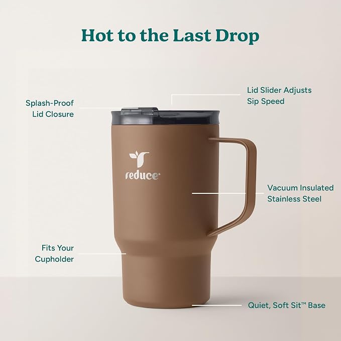 REDUCE Hot1 18 oz Insulated Stainless Steel Mug - Temperature Adjusting Lid | Dual-wall vacuum, keeps drinks hot for 6 hours, cupholder friendly, ideal for coffee & tea, Java color